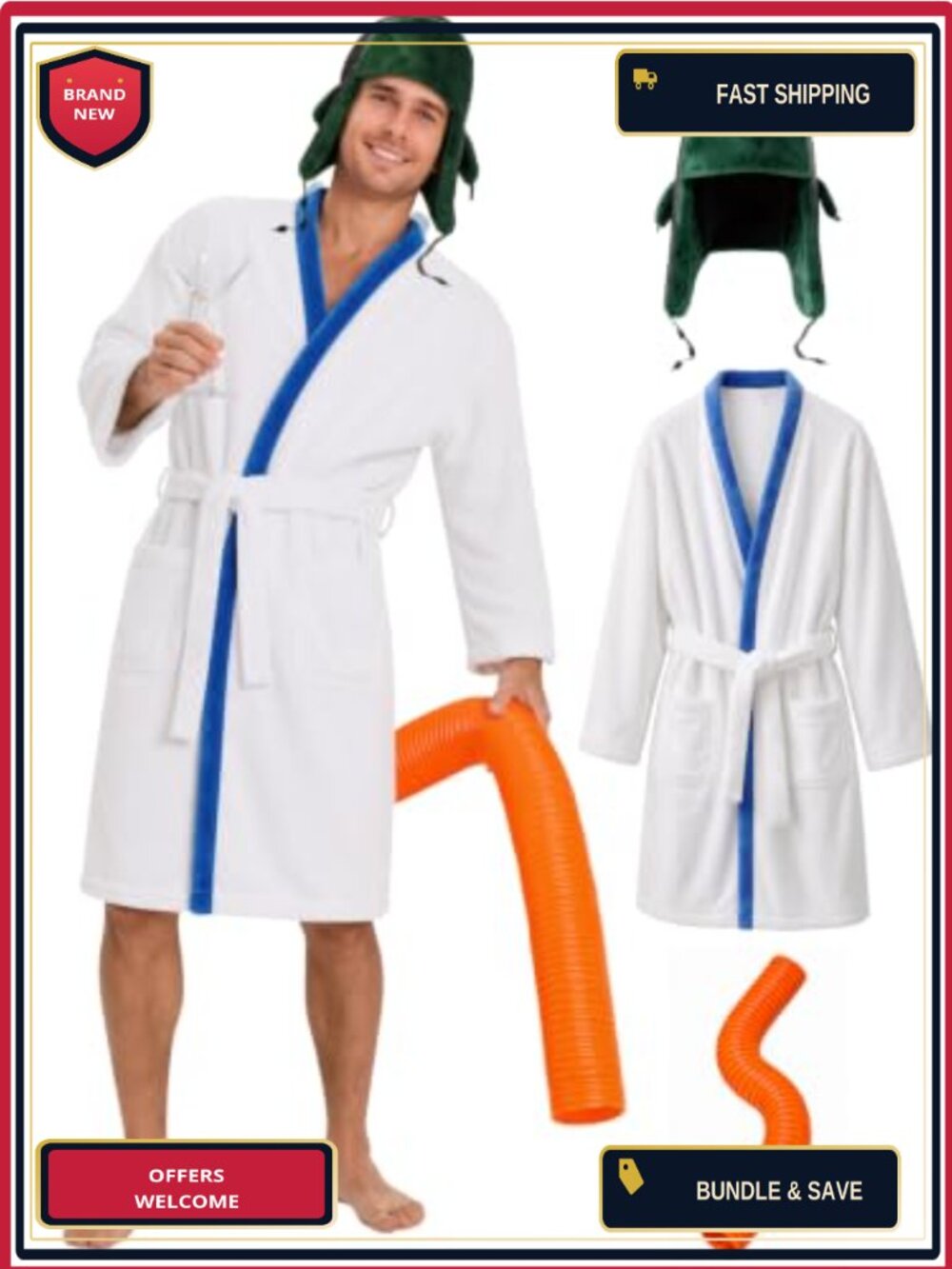 Adult 3-Piece Holiday Cousin Costume Set White Robe Hat Hose Prop